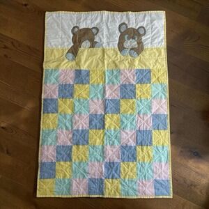 Hand Stitched Teddy Bear Gingham Baby Quilt Crib Blanket Pastel 39"x 58" Light